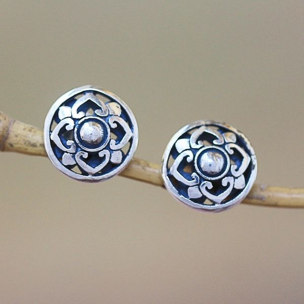 Alternate image for Handcrafted Round Sterling Silver Lotus Flower Stud Earrings Lotus Kingdom