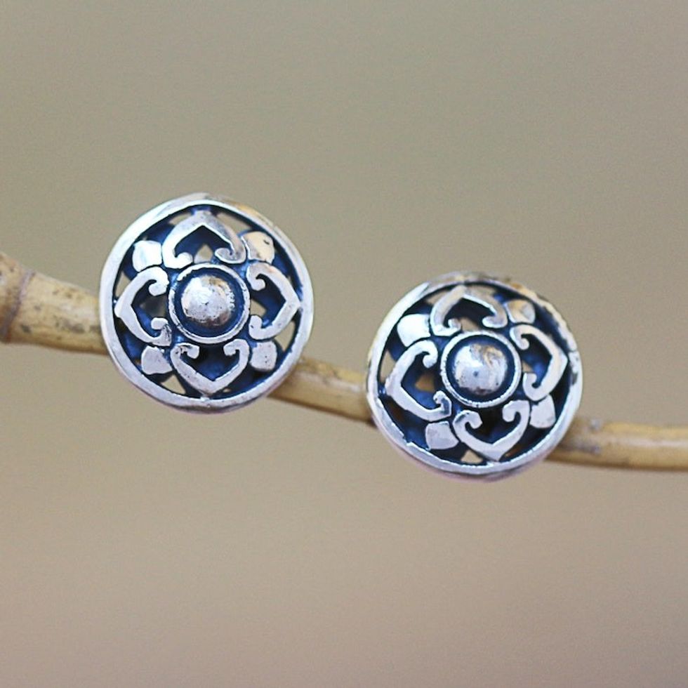 Handcrafted Round Sterling Silver Lotus Flower Stud Earrings 'Lotus Kingdom'
