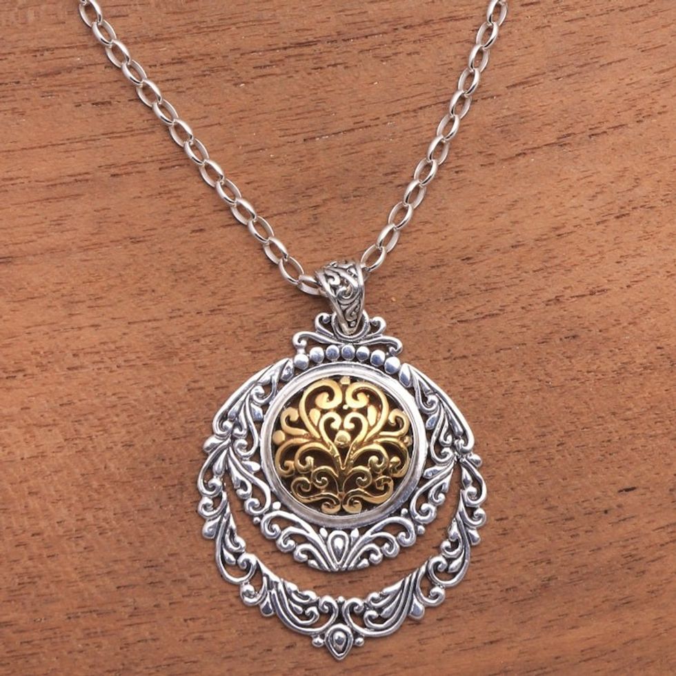 Patterned Gold Accented Sterling Silver Pendant Necklace 'Jungle Roots'