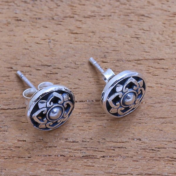 Alternate image for Handcrafted Round Sterling Silver Lotus Flower Stud Earrings Lotus Kingdom