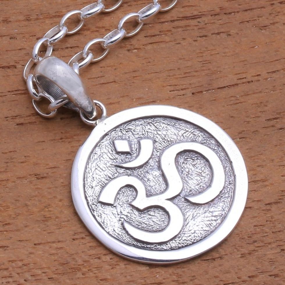 Circular Sterling Silver Om Pendant Necklace from Bali 'Omkara Disc'