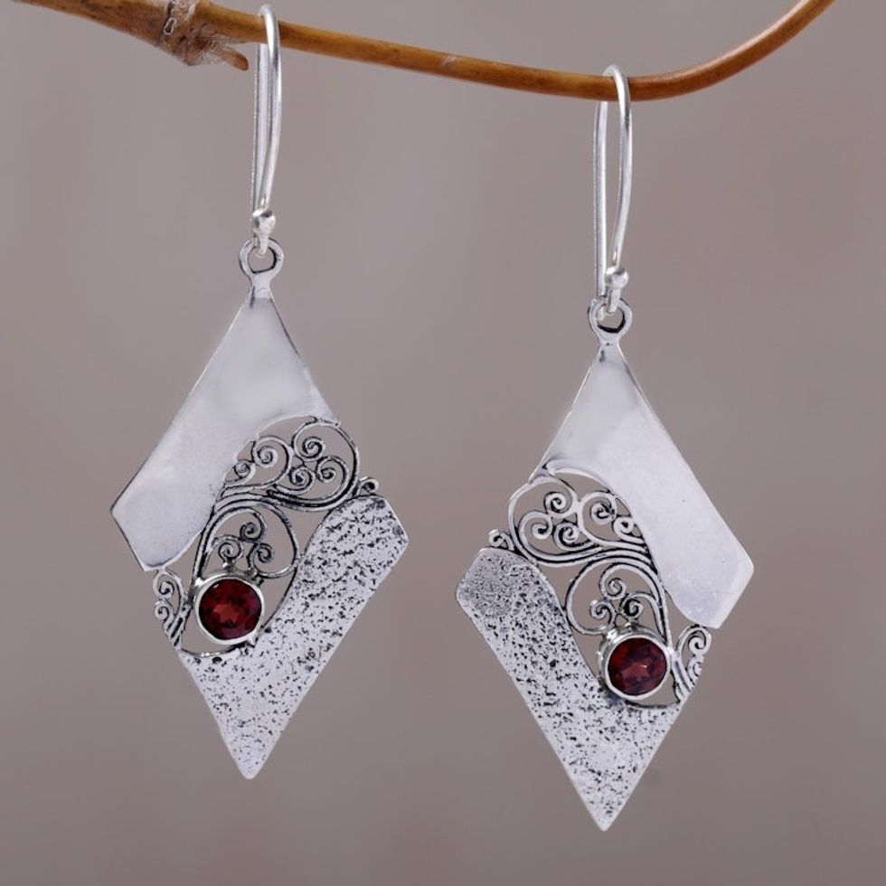 Sterling Silver and Garnet Rhombus Dangle Earrings Indonesia 'Fern Kites'