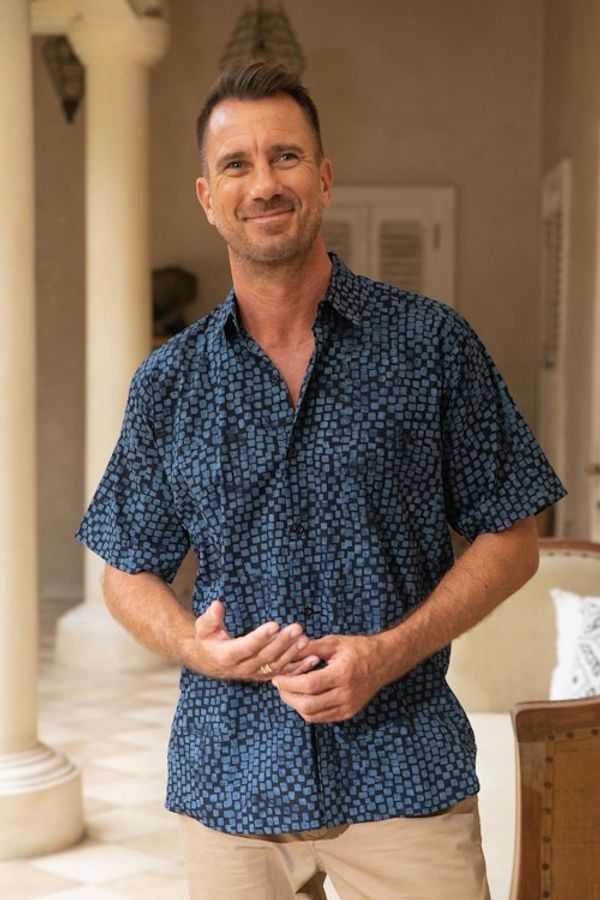 Alternate image for Mens 100 Cotton Navy Short Sleeve Batik Shirt Pixel Play