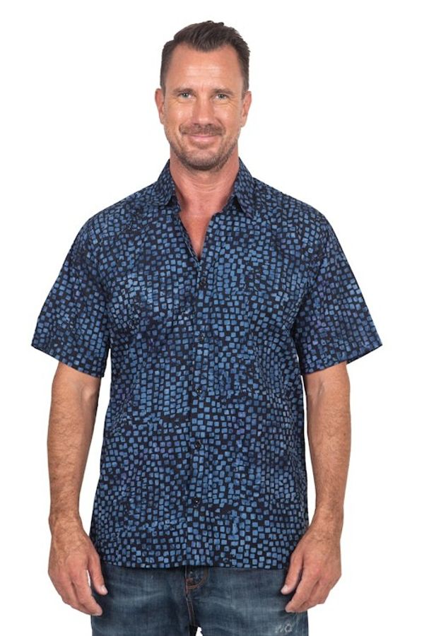 Alternate image for Mens 100 Cotton Navy Short Sleeve Batik Shirt Pixel Play