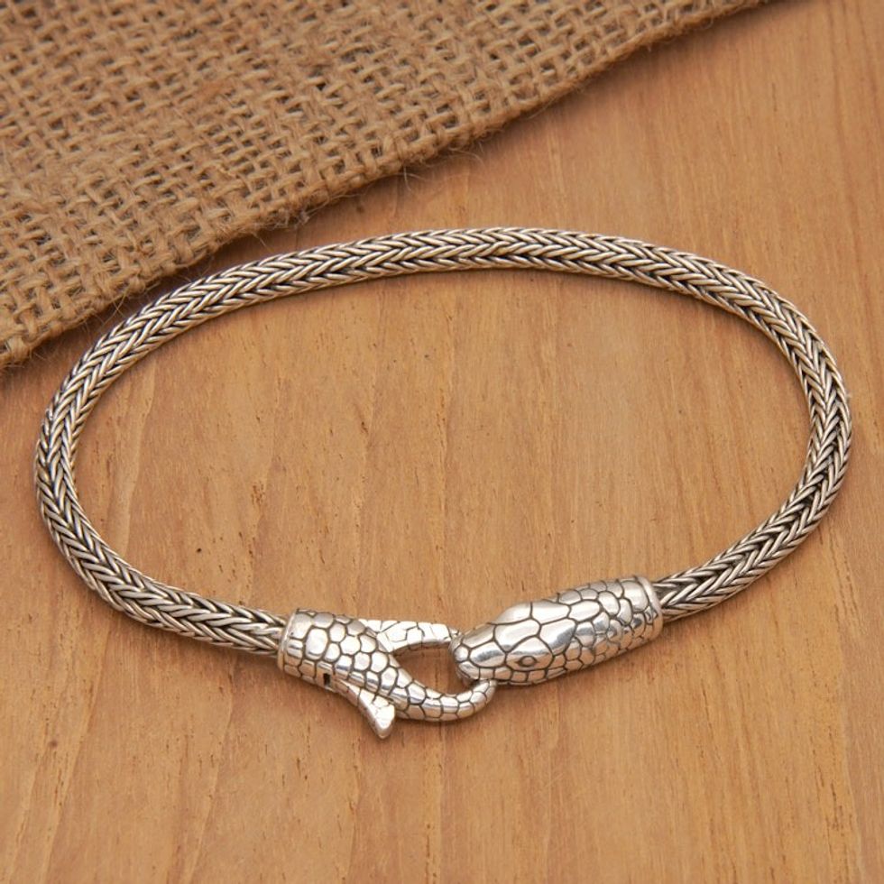 Sterling Silver Naga Chain Bracelet with Snake Pendant 'Serpent Allure'