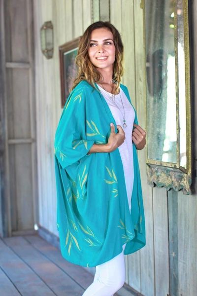Alternate image for Batik Rayon Kimono Jacket in Turquoise and Lemon from Bali Balinese Breeze in Turquoise