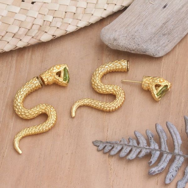 Alternate image for 18k Gold-Plated Snake Drop Earrings with Peridot Stones Green Snake Attack