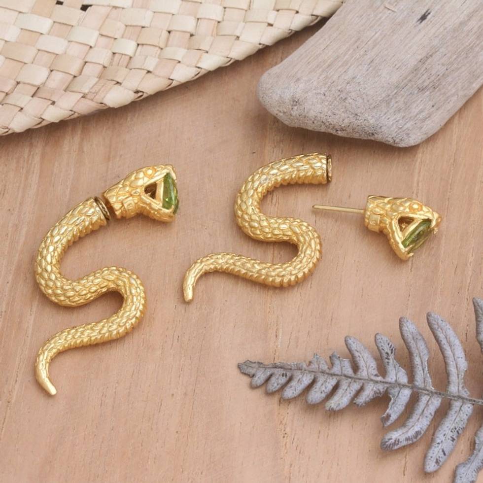 18k Gold-Plated Snake Drop Earrings with Peridot Stones 'Green Snake Attack'