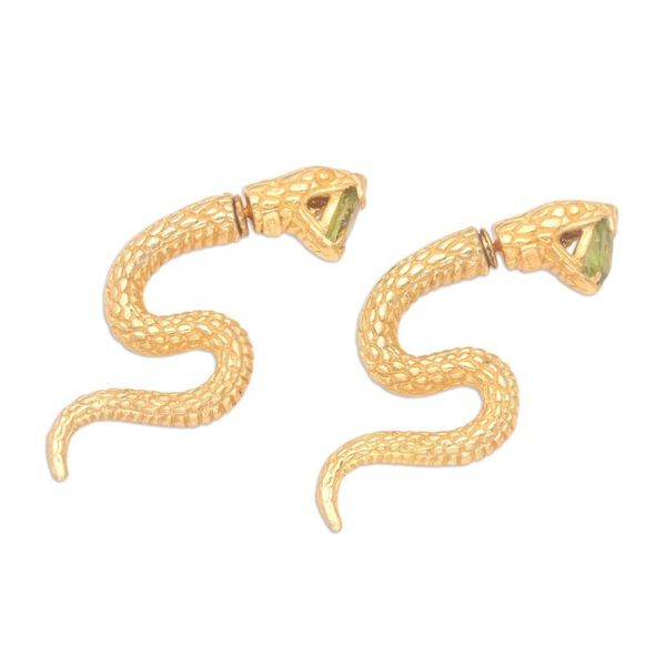Alternate image for 18k Gold-Plated Snake Drop Earrings with Peridot Stones Green Snake Attack