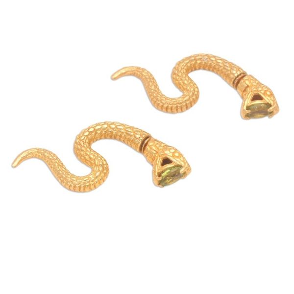 Alternate image for 18k Gold-Plated Snake Drop Earrings with Peridot Stones Green Snake Attack