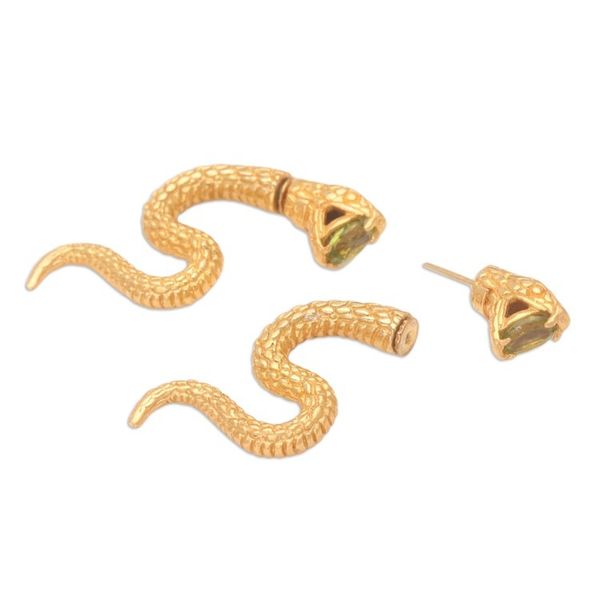 Alternate image for 18k Gold-Plated Snake Drop Earrings with Peridot Stones Green Snake Attack