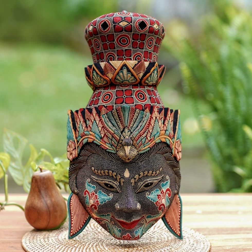 Handcrafted Batik Pule Wood Rama Mask with Bird Detail 'Powerful Rama'