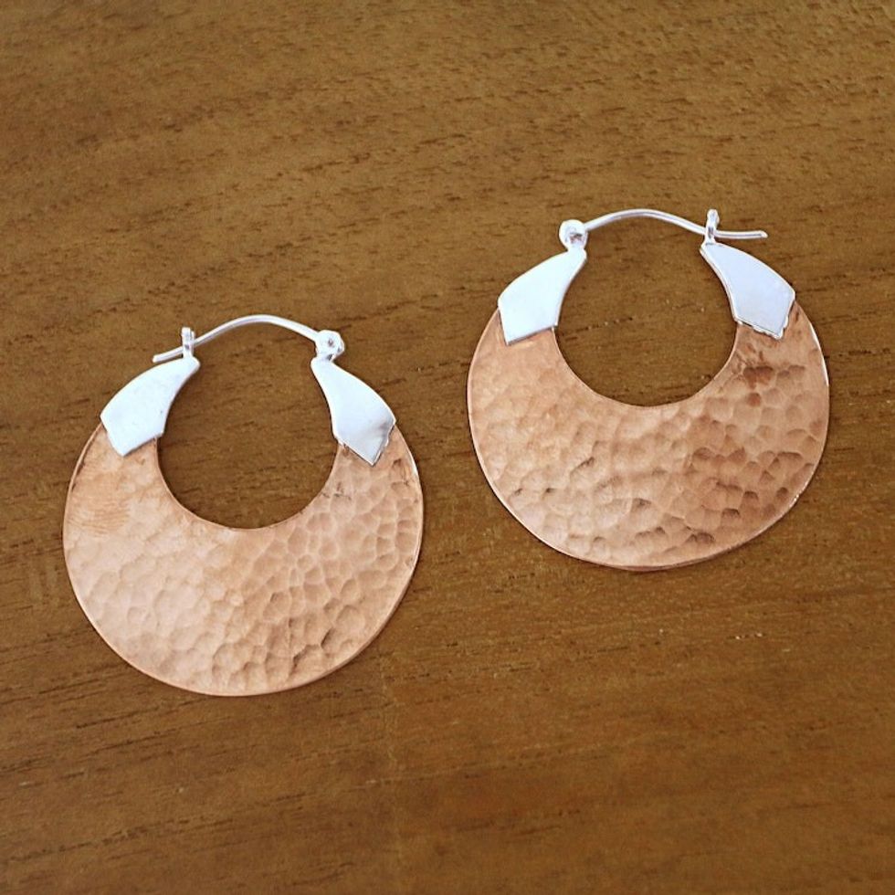 18K Rose Gold Plated Hammered Copper Hoop Earrings 'Radiant Reflections'