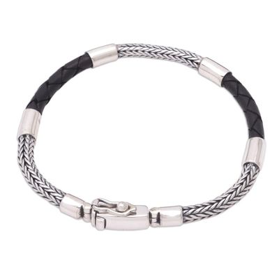 Alternate image for Silver and Leather Mens Bracelet Handcrafted in Bali Duality of Light