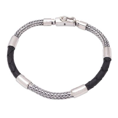 Alternate image for Silver and Leather Mens Bracelet Handcrafted in Bali Duality of Light