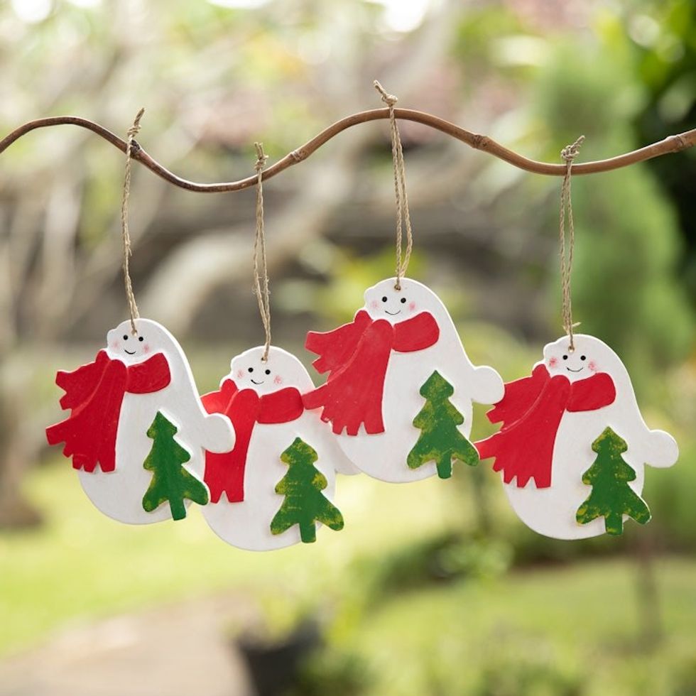 Set of 4 Hand-Painted Wood Snowmen Ornaments from Bali 'Christmas Snowmen'