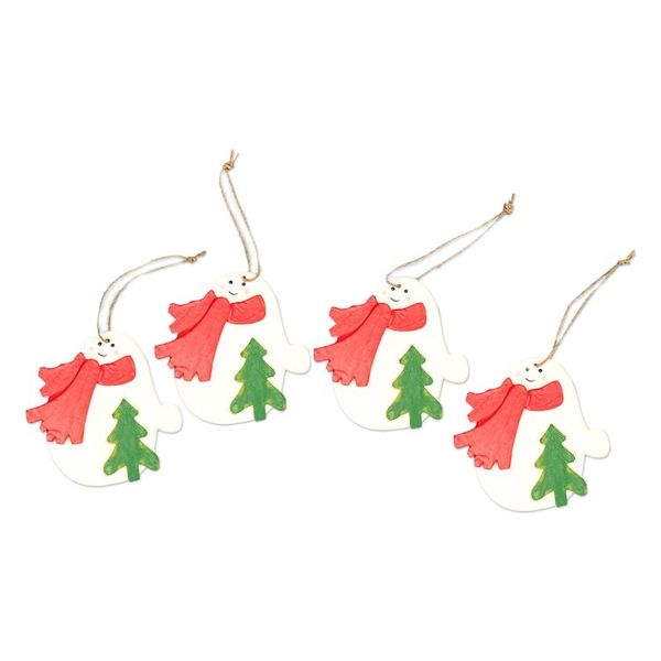 Alternate image for Set of 4 Hand-Painted Wood Snowmen Ornaments from Bali Christmas Snowmen
