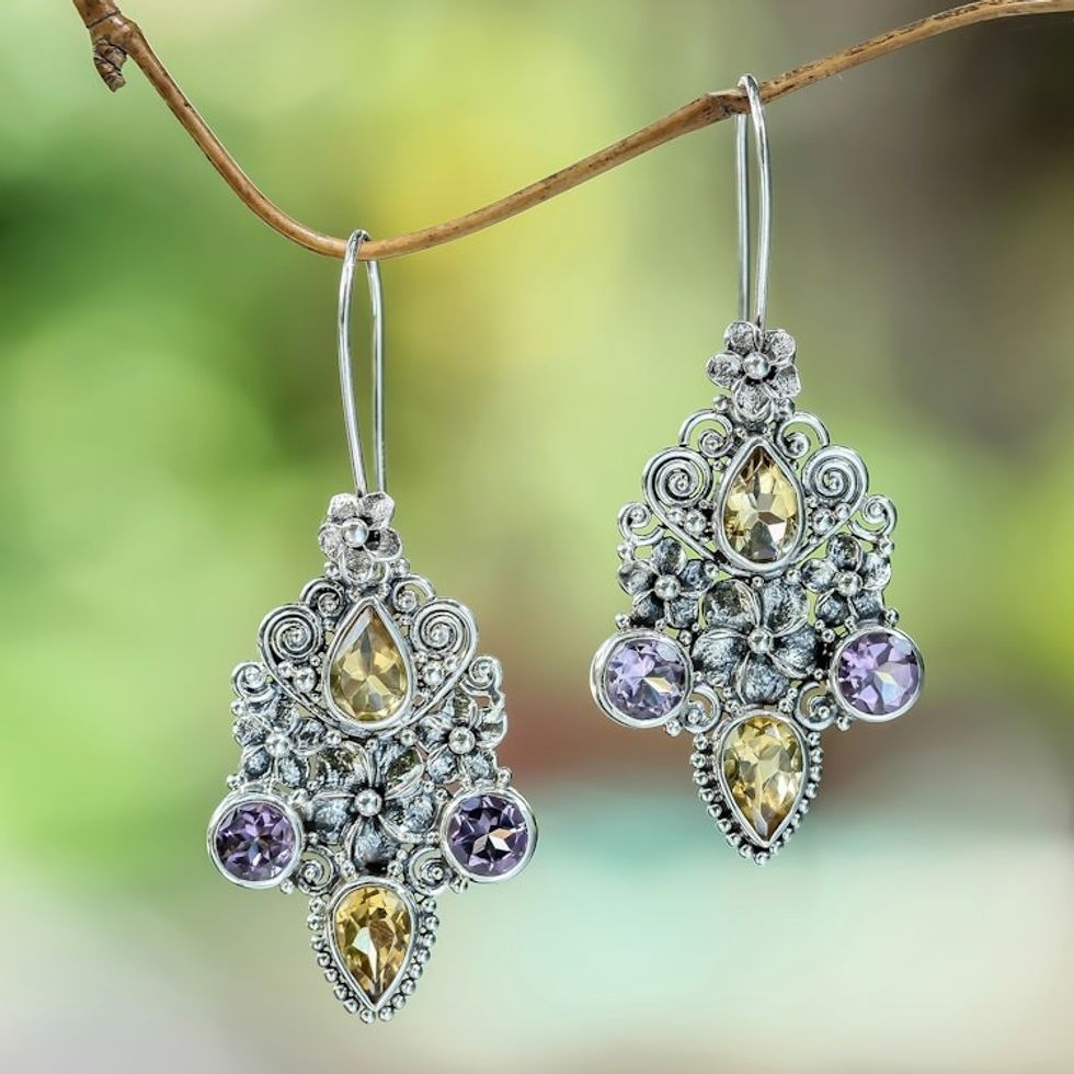 Balinese Citrine and Amethyst Silver Earrings 'Secret Garden'