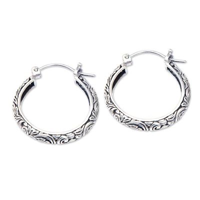 Alternate image for Sterling Silver Hoop Earrings with Leaf Motifs from Bali Beauty of Paradise