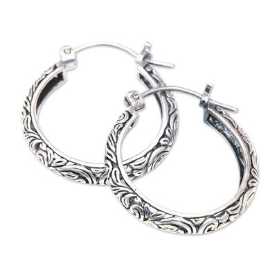 Alternate image for Sterling Silver Hoop Earrings with Leaf Motifs from Bali Beauty of Paradise