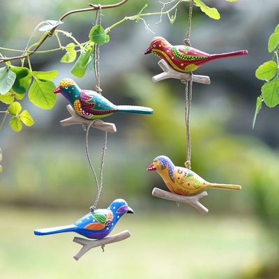 Alternate image for Set of 4 Painted Colorful Bird-Themed Albesia Wood Ornaments Heaven Birds