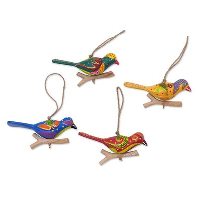 Alternate image for Set of 4 Painted Colorful Bird-Themed Albesia Wood Ornaments Heaven Birds
