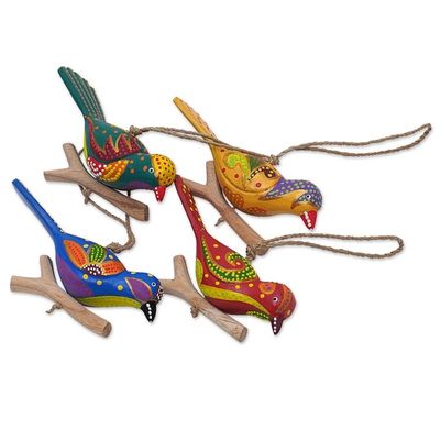 Alternate image for Set of 4 Painted Colorful Bird-Themed Albesia Wood Ornaments Heaven Birds