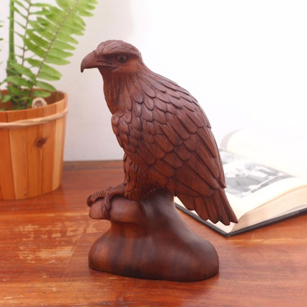 Hand-Carved Suar Wood Eagle Sculpture from Bali 'Noble Eagle'