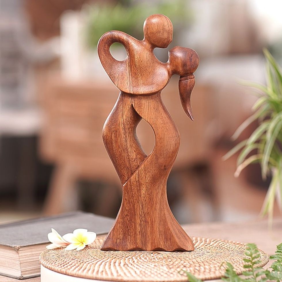 Fair Trade Romantic Wood Dancing Sculpture 'Tango Couple'