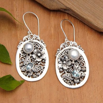 Alternate image for Floral Blue Topaz and White Pearl Dangle Earrings from Bali Garden of the Loyal
