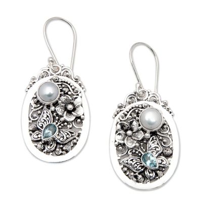 Alternate image for Floral Blue Topaz and White Pearl Dangle Earrings from Bali Garden of the Loyal
