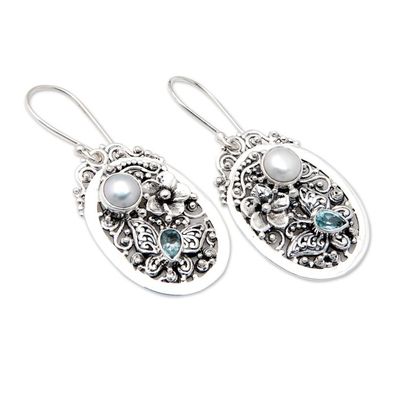Alternate image for Floral Blue Topaz and White Pearl Dangle Earrings from Bali Garden of the Loyal