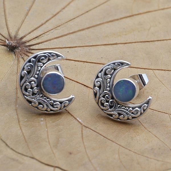 Alternate image for Opal and Sterling Silver Crescent Moon Button Earrings Embellished Moon