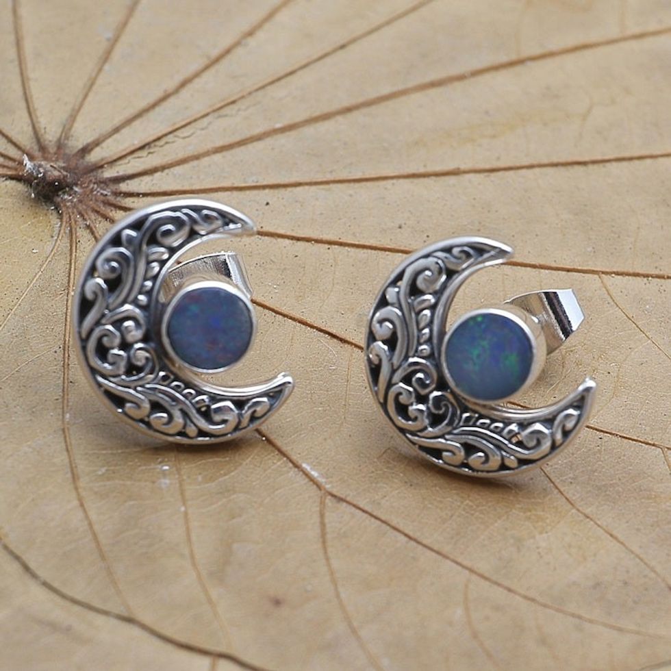 Opal and Sterling Silver Crescent Moon Button Earrings 'Embellished Moon'