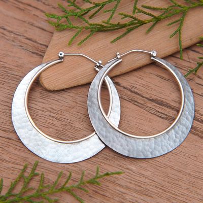 Alternate image for Hammered Round Copper and Sterling Silver Hoop Earrings Celestial Sunrise