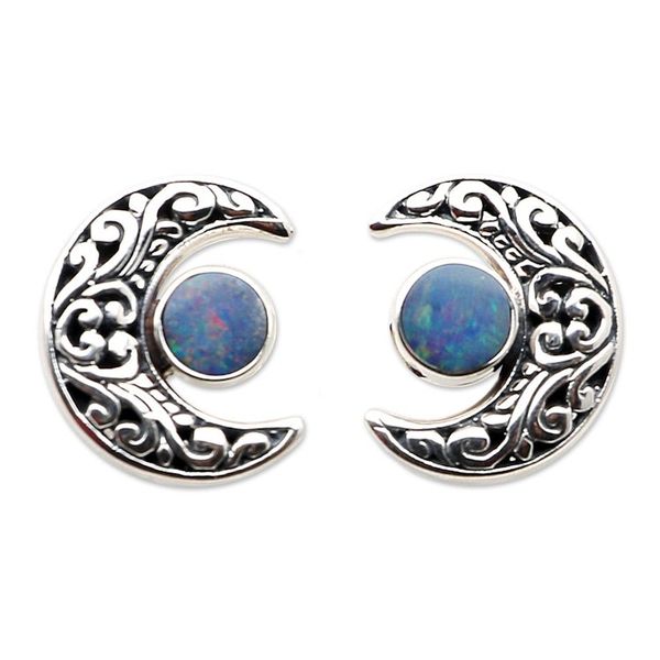 Alternate image for Opal and Sterling Silver Crescent Moon Button Earrings Embellished Moon
