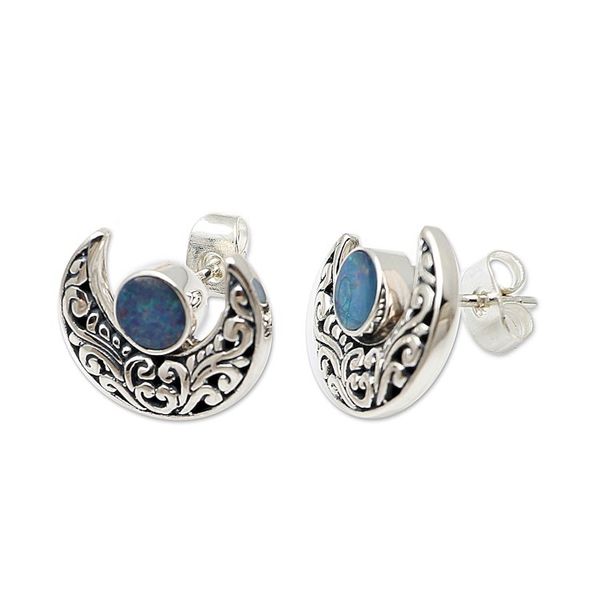 Alternate image for Opal and Sterling Silver Crescent Moon Button Earrings Embellished Moon