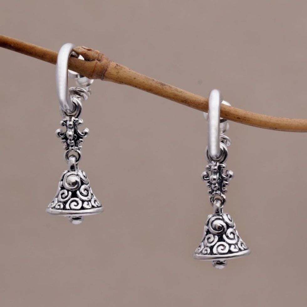 Sterling Silver 925 Half Hoop Earrings with Bell Charms 'Swara Genta'