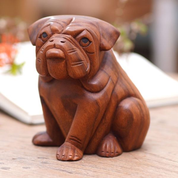 Alternate image for Hand Carved Wood Bulldog Puppy Sculpture from Bali Curious Bulldog