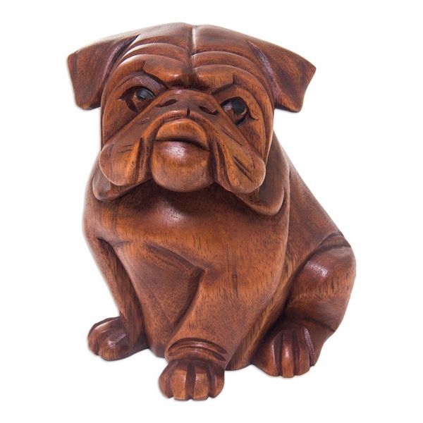 Alternate image for Hand Carved Wood Bulldog Puppy Sculpture from Bali Curious Bulldog
