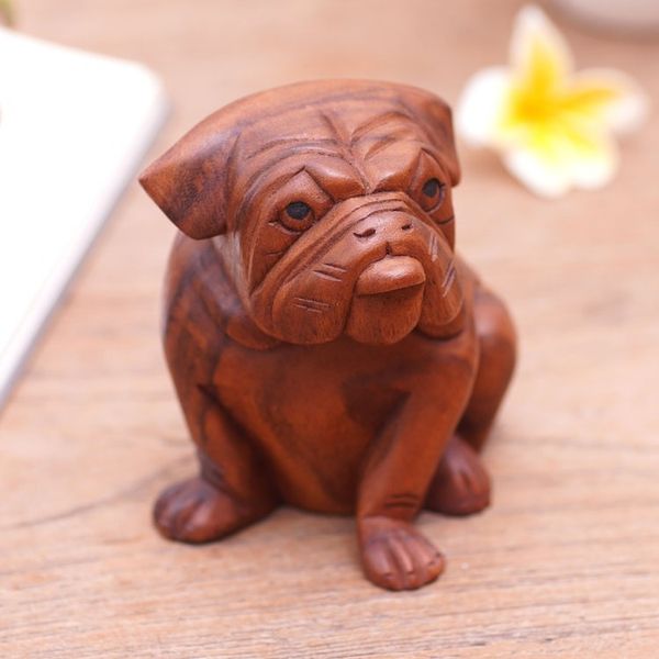 Alternate image for Hand Carved Wood Bulldog Puppy Sculpture from Bali Curious Bulldog