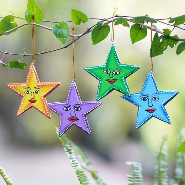 Alternate image for Star Shaped Wood Holiday Ornaments Made by Hand Set of 4 Star Friends