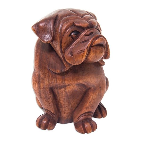 Alternate image for Hand Carved Wood Bulldog Puppy Sculpture from Bali Curious Bulldog