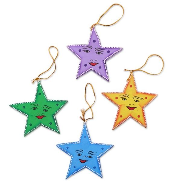 Alternate image for Star Shaped Wood Holiday Ornaments Made by Hand Set of 4 Star Friends
