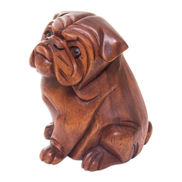 Alternate image for Hand Carved Wood Bulldog Puppy Sculpture from Bali Curious Bulldog