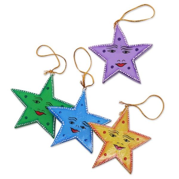 Alternate image for Star Shaped Wood Holiday Ornaments Made by Hand Set of 4 Star Friends