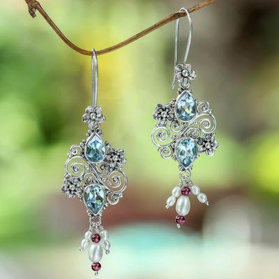 Alternate image for Balinese Cultured Pearl and Blue Topaz Earrings Floral Sonnet