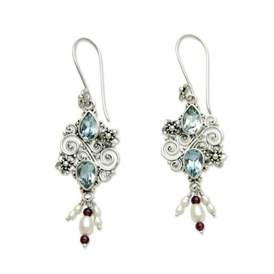 Alternate image for Balinese Cultured Pearl and Blue Topaz Earrings Floral Sonnet