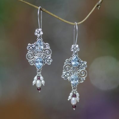 Alternate image for Balinese Cultured Pearl and Blue Topaz Earrings Floral Sonnet