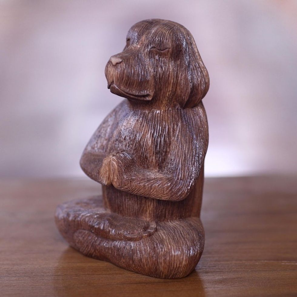 Wood Sculpture of Meditating Long Haired Puppy Dog 'Meditating Long-Haired Puppy'